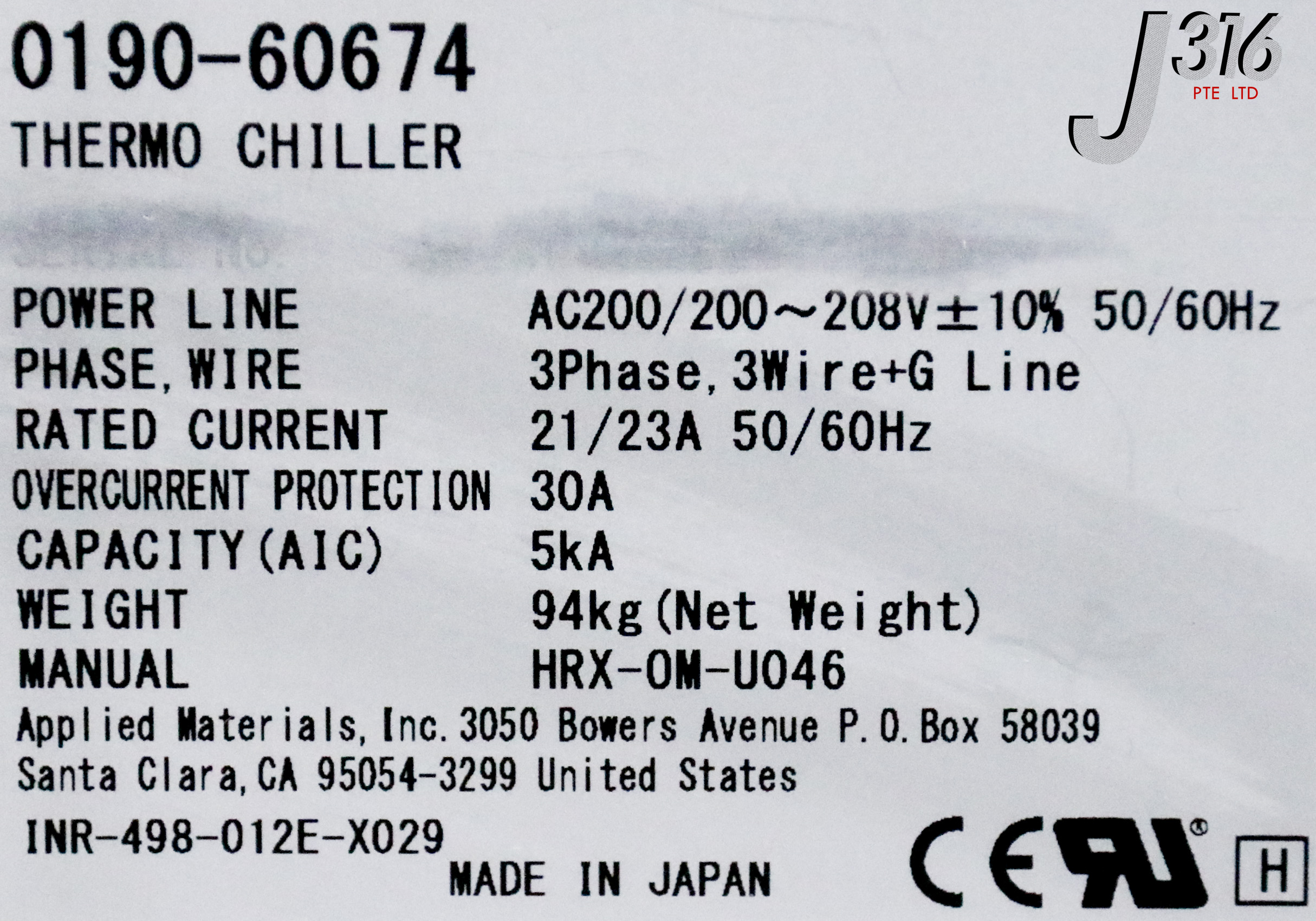 バランス 34726 APPLIED MATERIALS THERMO CHILLER, SMC INR-498-012E-X029